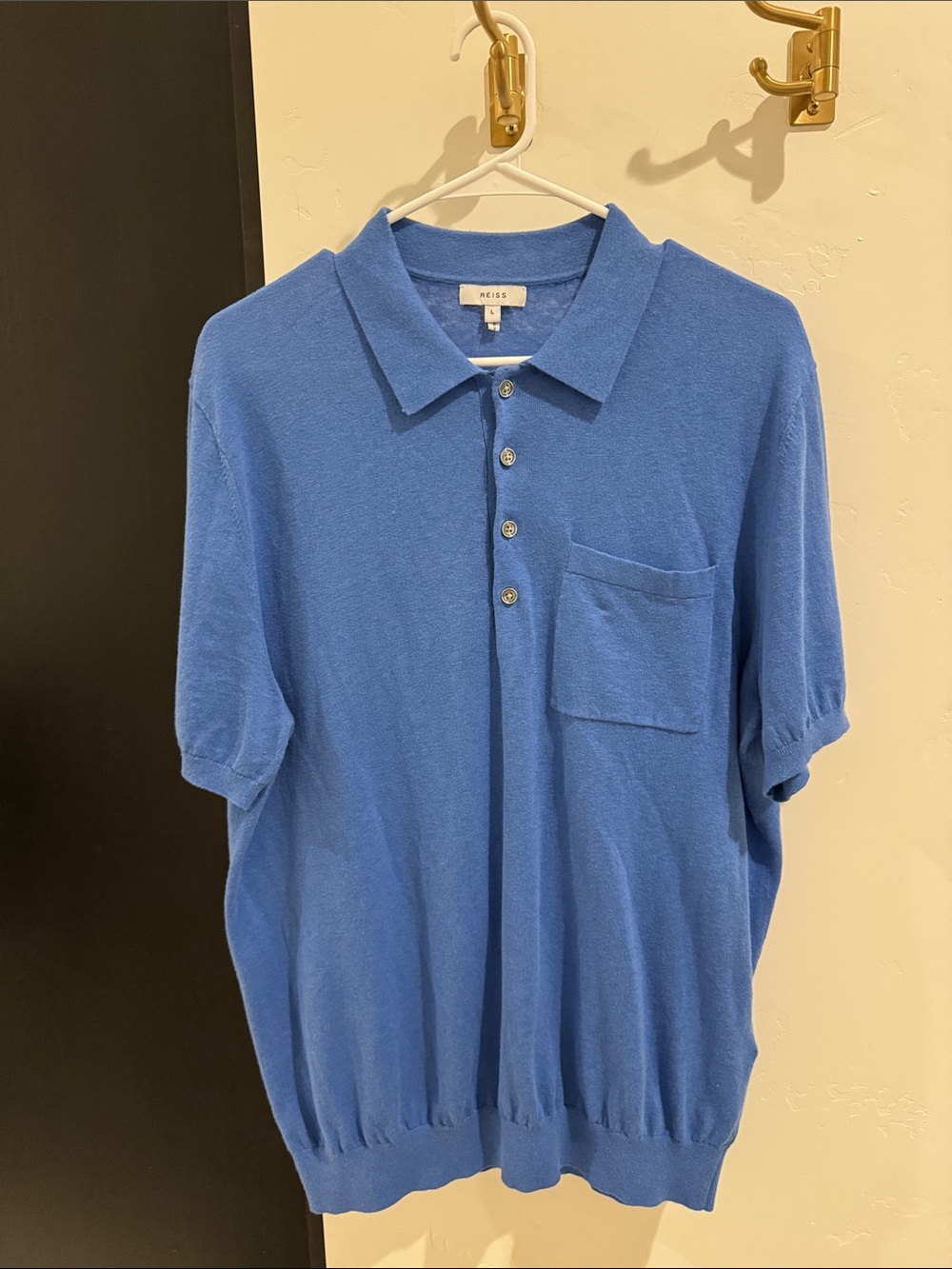 Reiss Men's Royal Blue Short-Sleeve Polo Knit with Chest Pocket